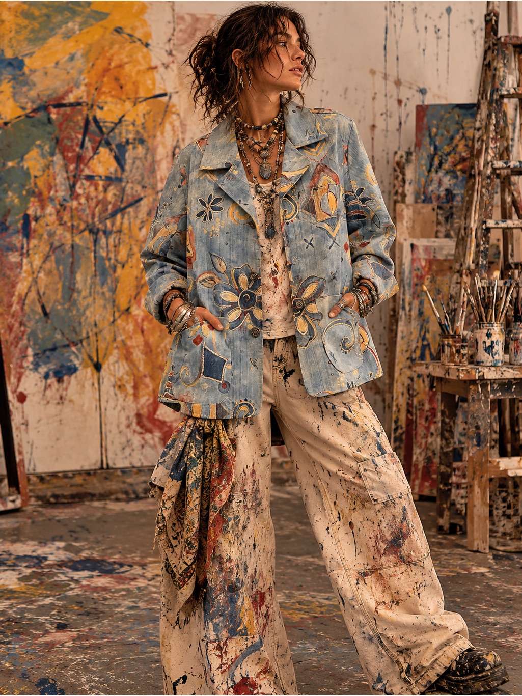 Floral Textured Jacket - Blue & Multicolor Size M Art To Wear